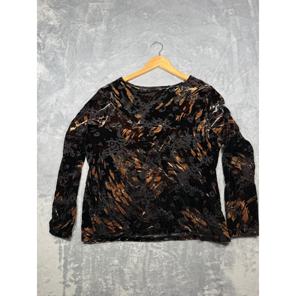 Investments Blouse Top Womens XL Black Brown Velvet Burnout Stretch Long Sleeve